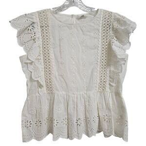Jennifer Grace White Eyelet Lace Peplum Top Ruffle Sleeve Cotton Womens Sm Boho